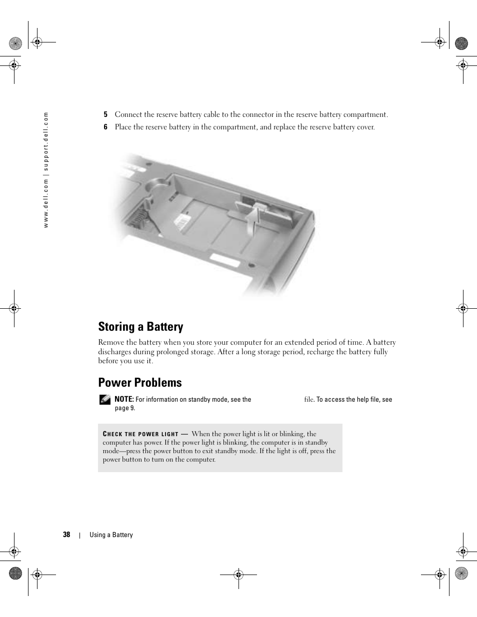 Storing a battery, Power problems | Dell Inspiron 510m User Manual | Page 38 / 134