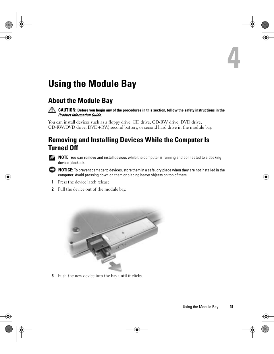 Using the module bay, About the module bay | Dell Inspiron 510m User Manual | Page 41 / 134