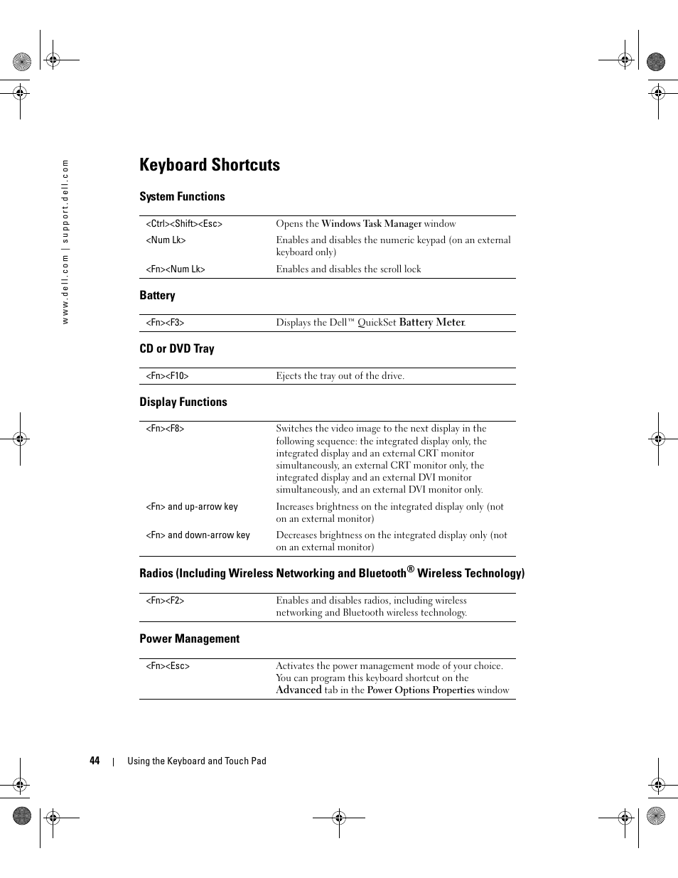 Keyboard shortcuts, System functions, Battery | Cd or dvd tray, Display functions, Power management | Dell Inspiron 510m User Manual | Page 44 / 134