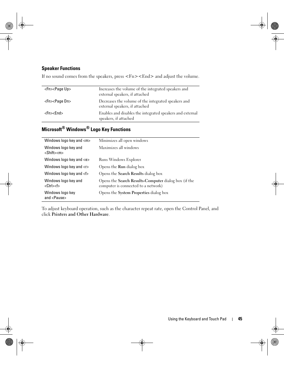 Speaker functions, Microsoft® windows® logo key functions, Microsoft | Dell Inspiron 510m User Manual | Page 45 / 134