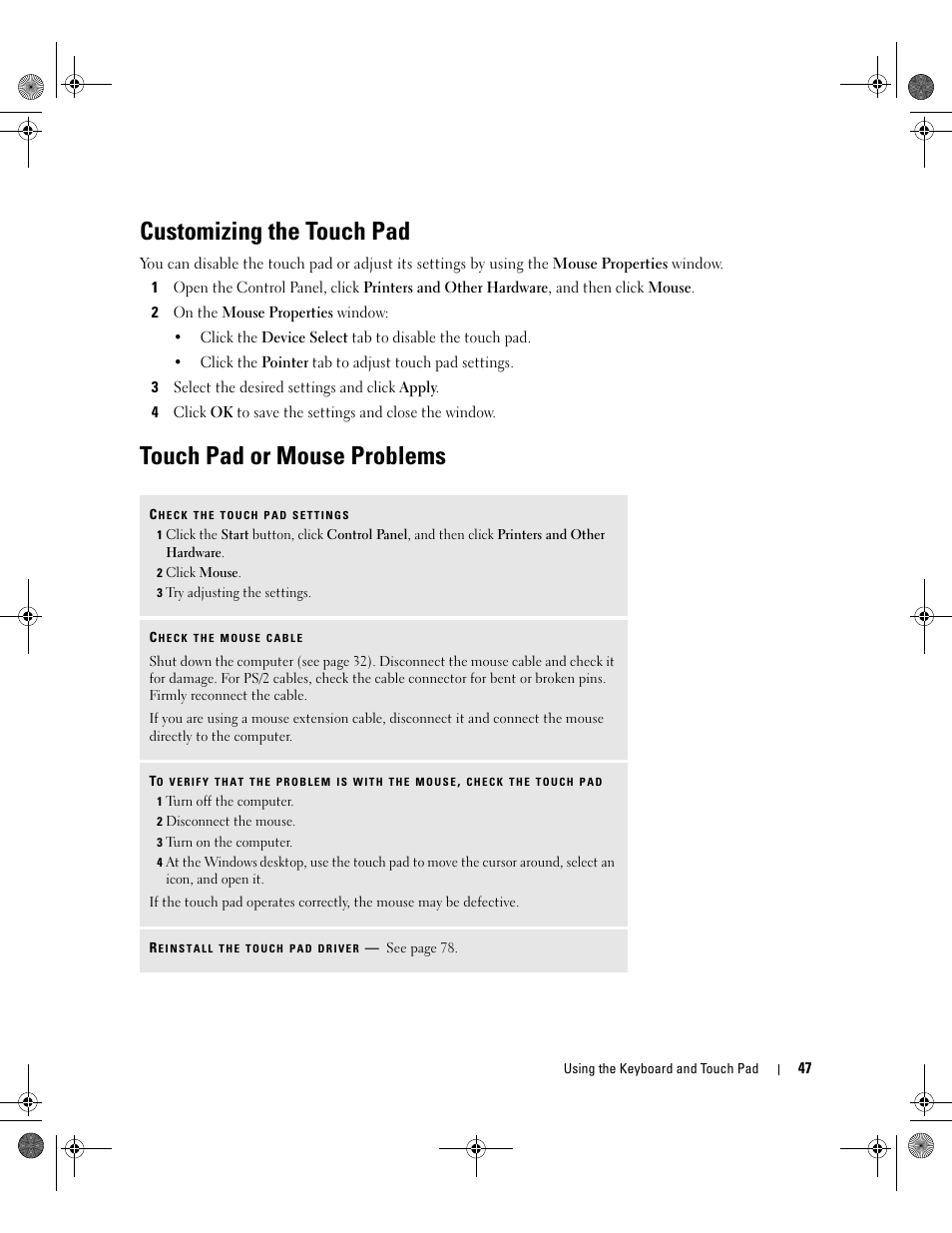 Customizing the touch pad, Touch pad or mouse problems | Dell Inspiron 510m User Manual | Page 47 / 134