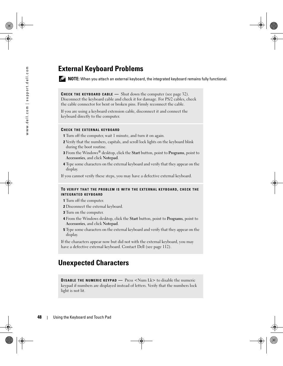 External keyboard problems, Unexpected characters | Dell Inspiron 510m User Manual | Page 48 / 134