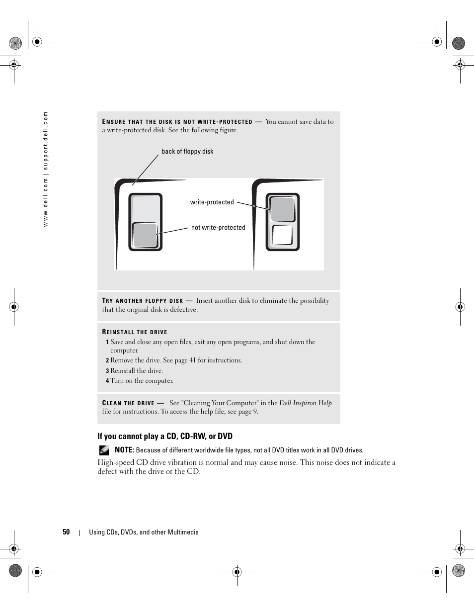 If you cannot play a cd, cd-rw, or dvd | Dell Inspiron 510m User Manual | Page 50 / 134