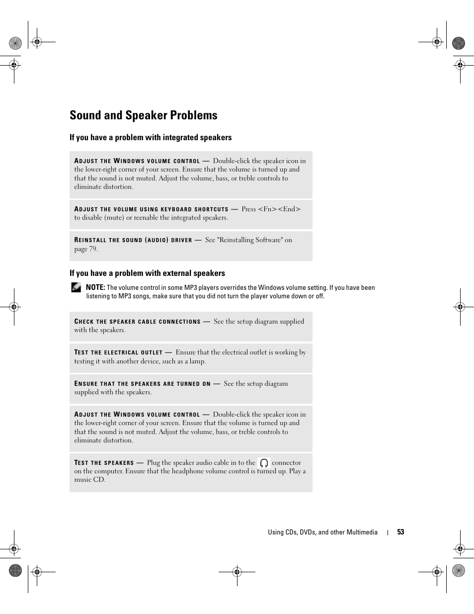 Sound and speaker problems, If you have a problem with integrated speakers, If you have a problem with external speakers | Dell Inspiron 510m User Manual | Page 53 / 134