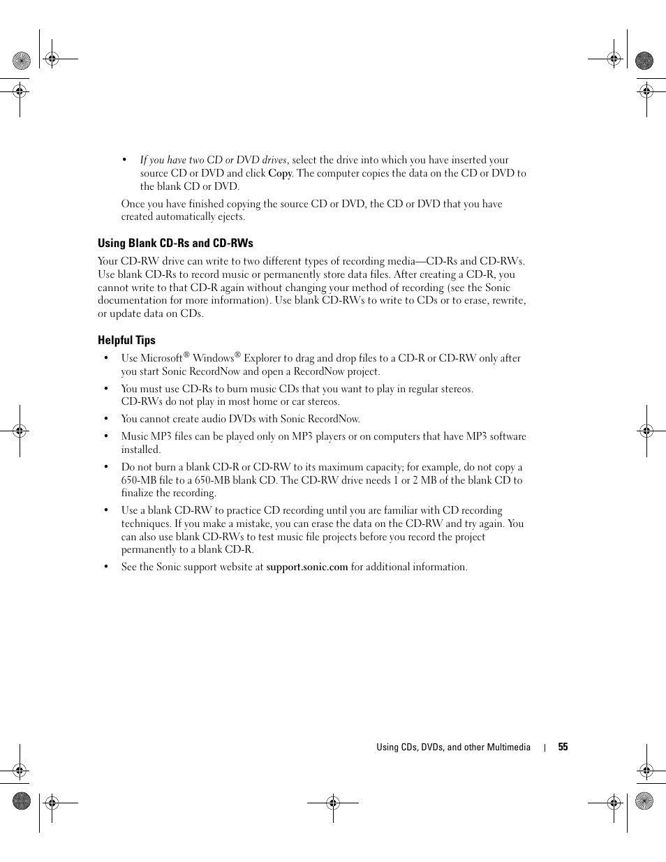 Using blank cd-rs and cd-rws, Helpful tips | Dell Inspiron 510m User Manual | Page 55 / 134