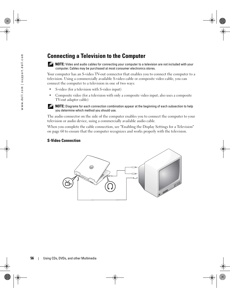 Connecting a television to the computer, S-video connection | Dell Inspiron 510m User Manual | Page 56 / 134