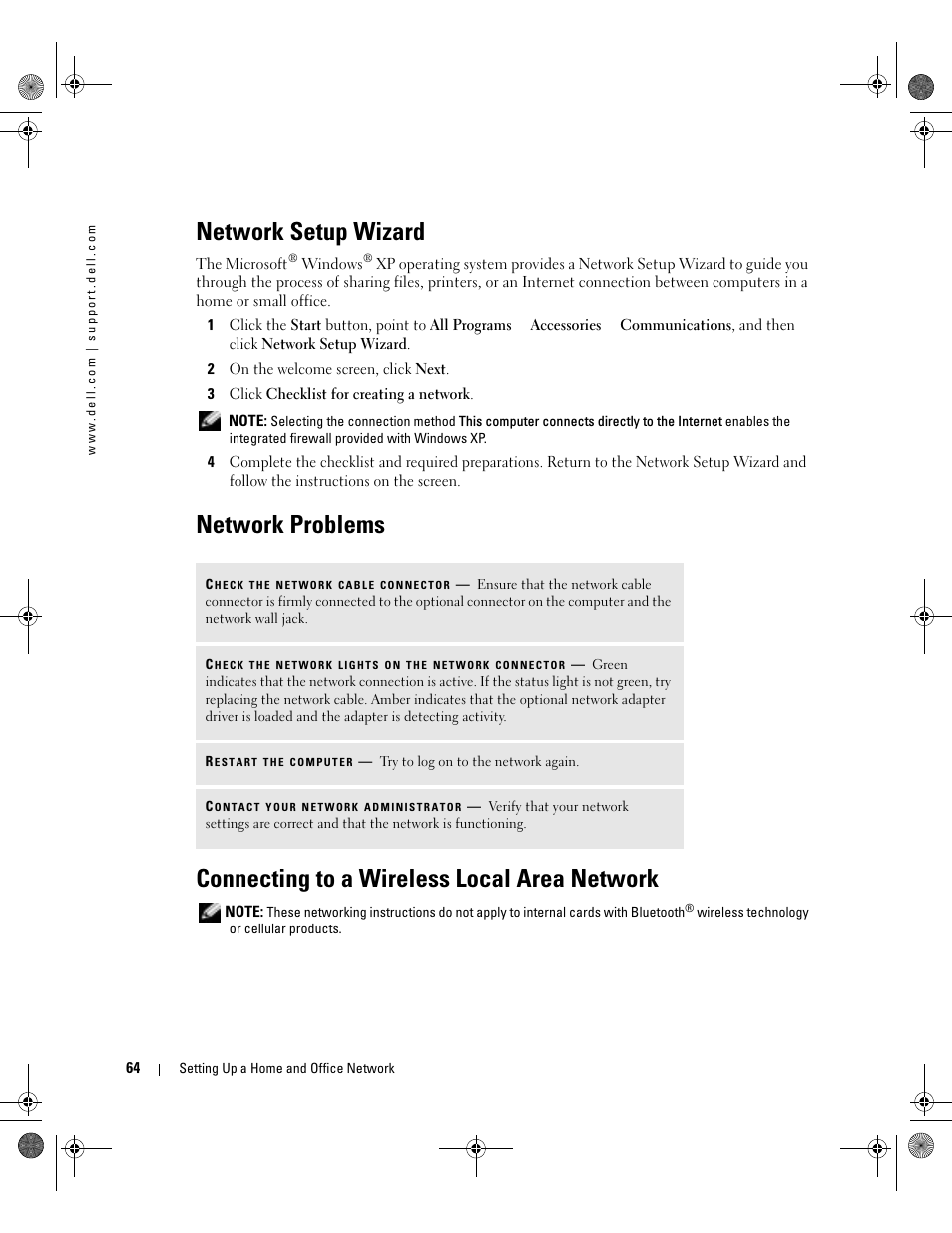 Network setup wizard, Network problems, Connecting to a wireless local area network | Dell Inspiron 510m User Manual | Page 64 / 134