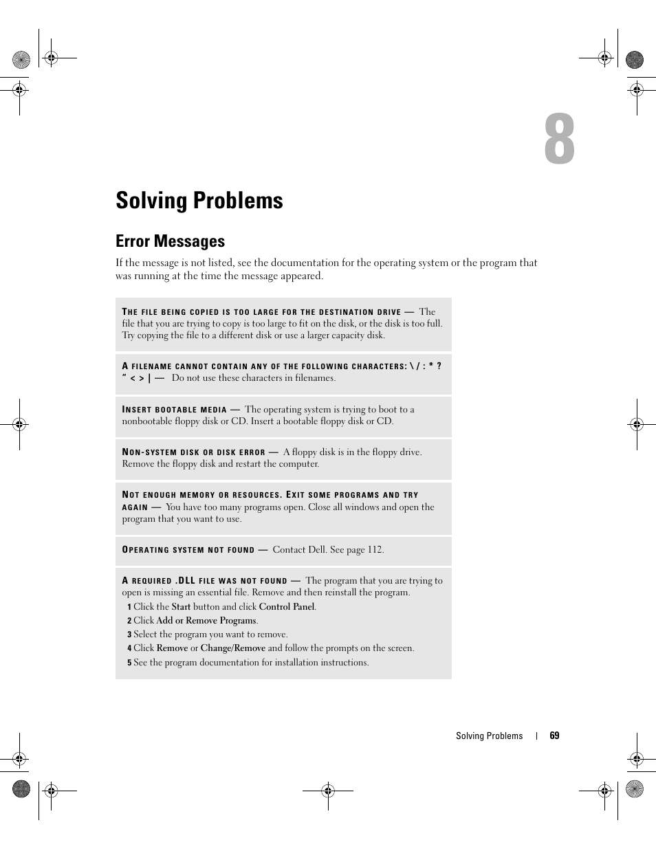 Solving problems, Error messages | Dell Inspiron 510m User Manual | Page 69 / 134
