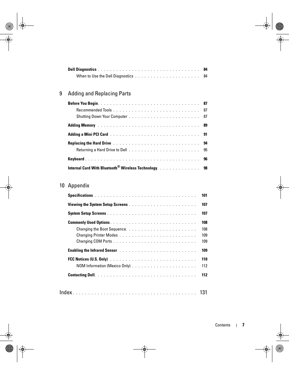 9adding and replacing parts, 10 appendix, Index | Dell Inspiron 510m User Manual | Page 7 / 134