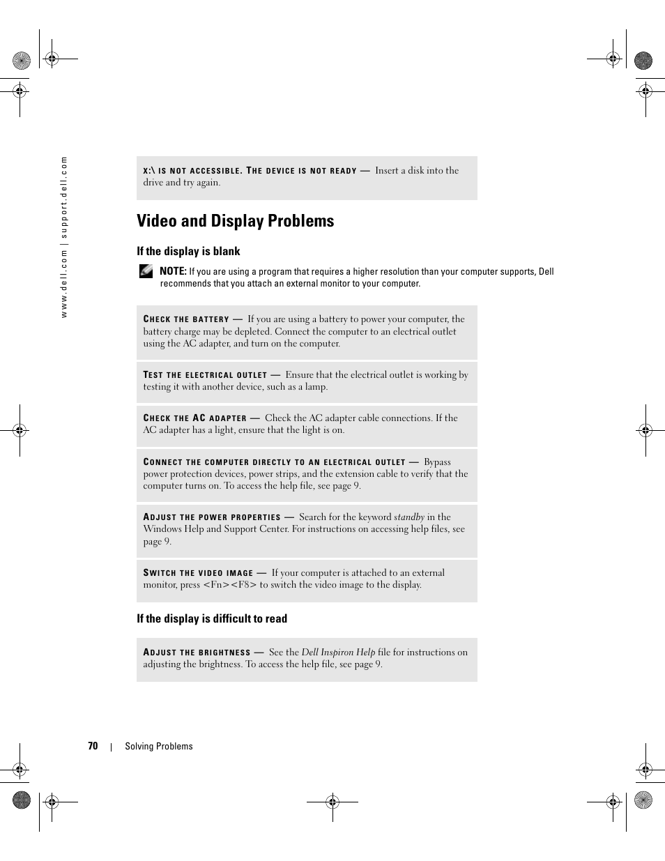 Video and display problems, If the display is blank, If the display is difficult to read | Dell Inspiron 510m User Manual | Page 70 / 134
