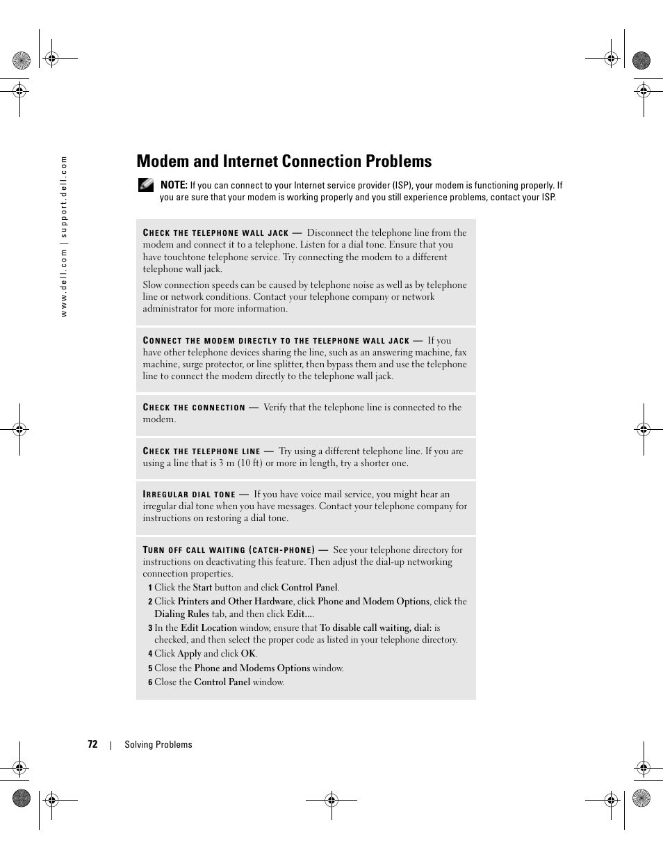 Modem and internet connection problems | Dell Inspiron 510m User Manual | Page 72 / 134