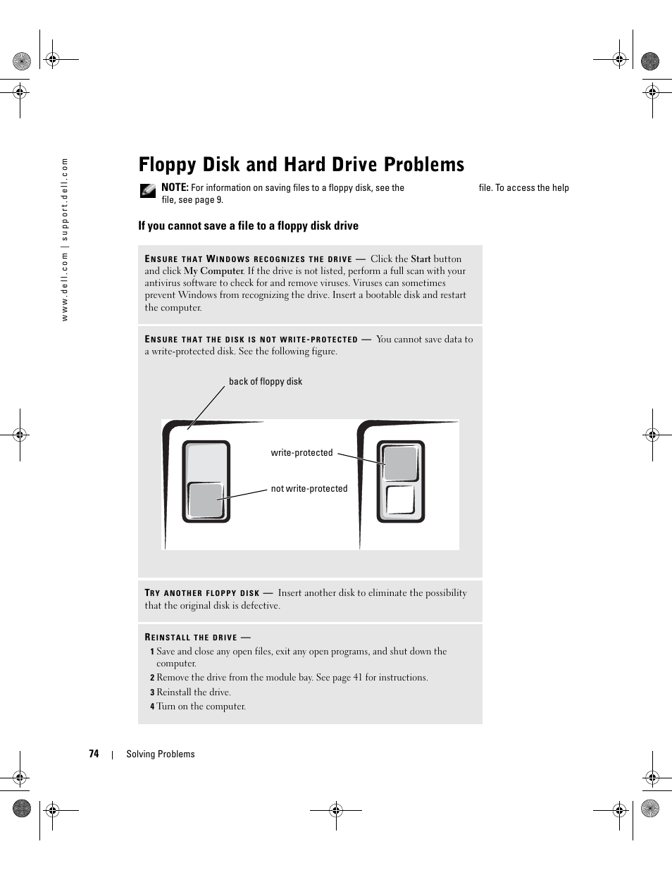 If you cannot save a file to a floppy disk drive, Start the computer, Again | You have too many programs open, Floppy disk and hard drive problems | Dell Inspiron 510m User Manual | Page 74 / 134