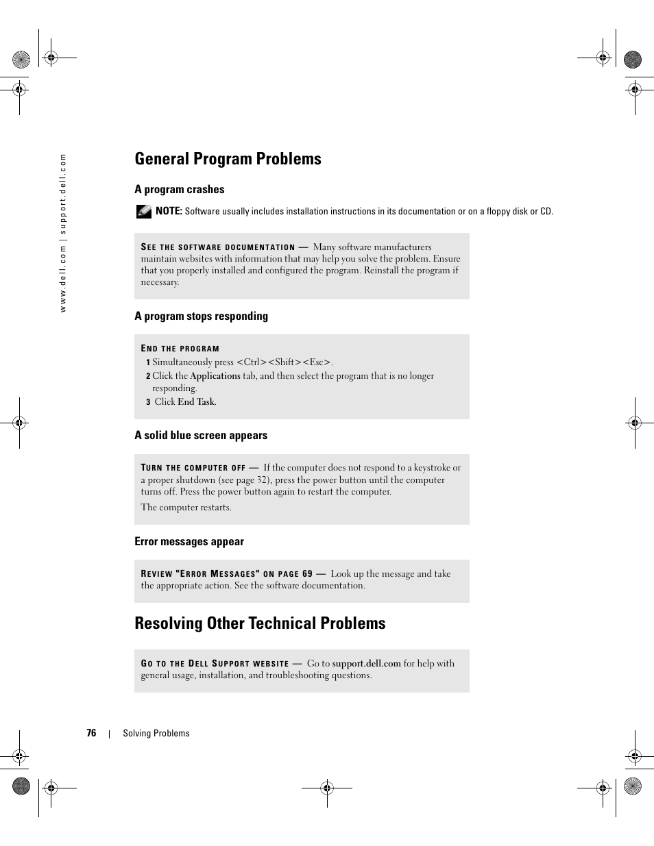 General program problems, A program crashes, A program stops responding | A solid blue screen appears, Error messages appear, Resolving other technical problems, A solid blue screen appears error messages appear | Dell Inspiron 510m User Manual | Page 76 / 134