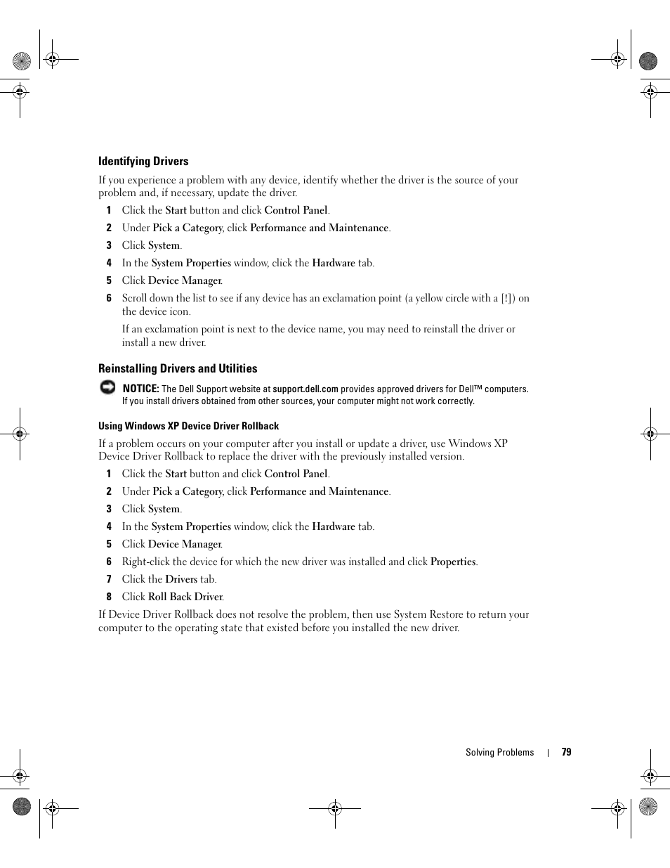 Identifying drivers, Reinstalling drivers and utilities | Dell Inspiron 510m User Manual | Page 79 / 134