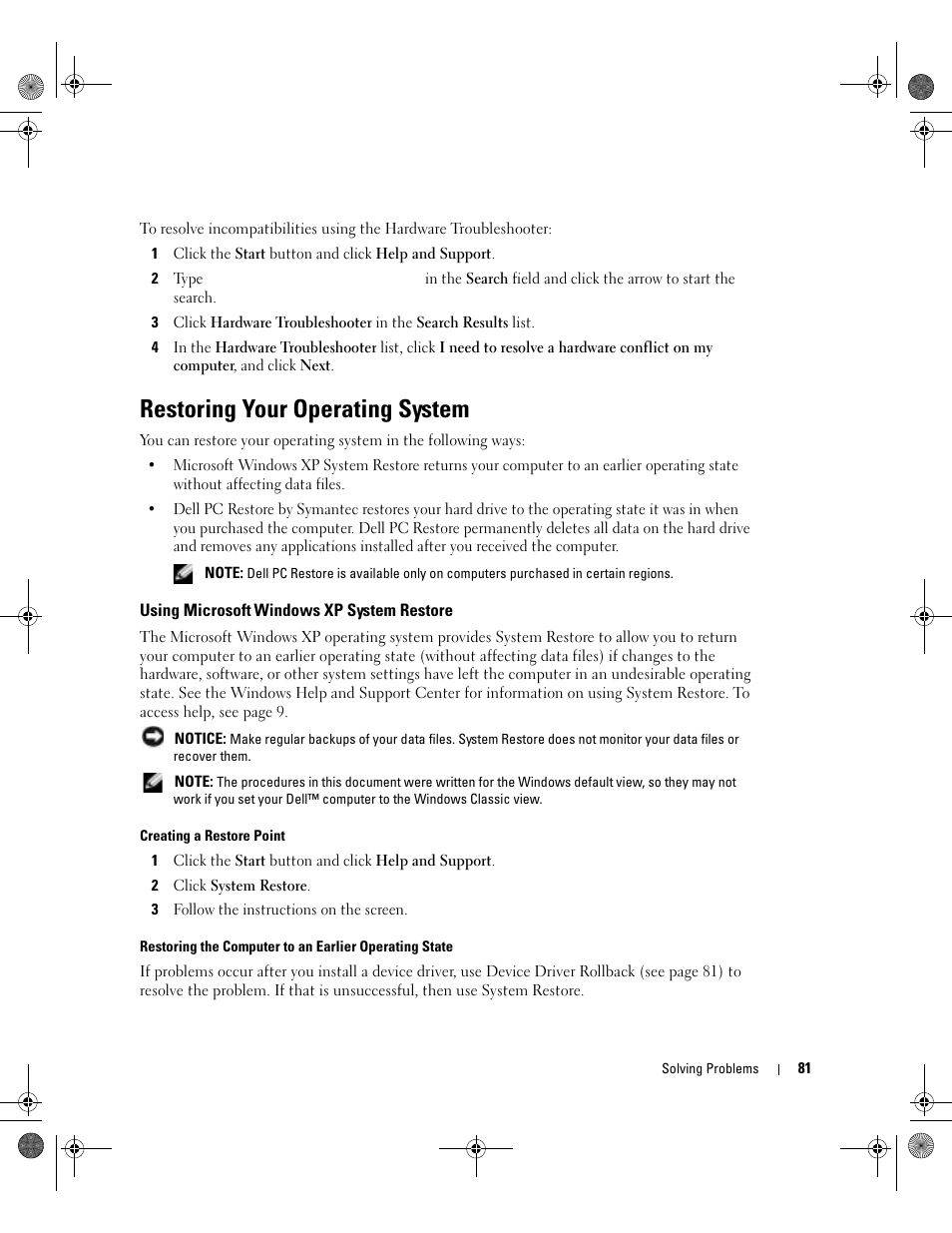 Restoring your operating system, Using microsoft windows xp system restore, Using microsoft | Dell Inspiron 510m User Manual | Page 81 / 134