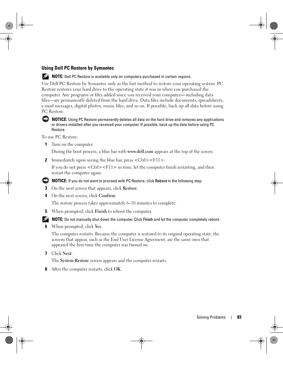 Using dell pc restore by symantec | Dell Inspiron 510m User Manual | Page 83 / 134