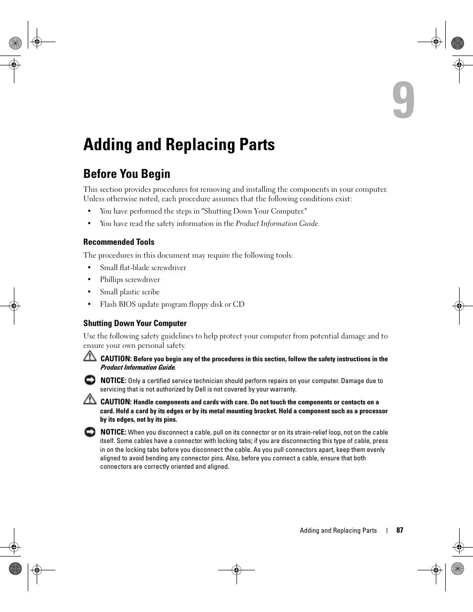 Adding and replacing parts, Before you begin, Recommended tools | Shutting down your computer | Dell Inspiron 510m User Manual | Page 87 / 134