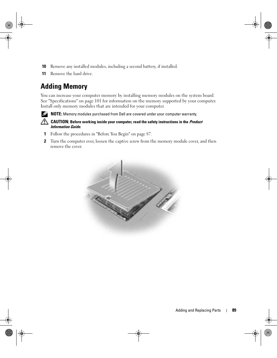 Adding memory | Dell Inspiron 510m User Manual | Page 89 / 134