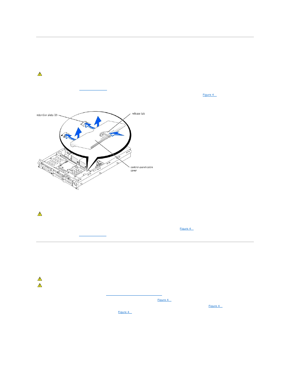 Control-panel cable cover, Front-panel i/o board, Removing the control-panel cable cover | Replacing the control-panel cable cover, Removing the front-panel i/o board | Dell PowerEdge 2650 User Manual | Page 30 / 65