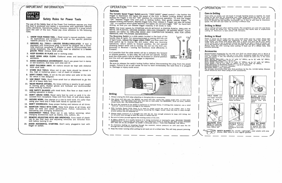 Important information, Safety rules for power tools, Switches | Operation, Drilling, Drilling in metal, Drilling in wood, Accessories | Black & Decker 97301 User Manual | Page 2 / 2