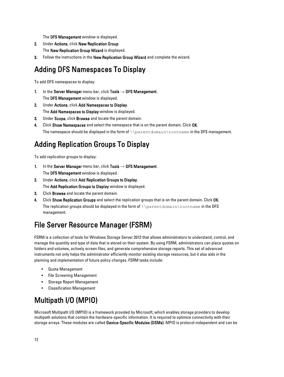 Adding dfs namespaces to display, Adding replication groups to display, File server resource manager (fsrm) | Multipath i/o (mpio) | Dell PowerVault NX3200 User Manual | Page 12 / 34