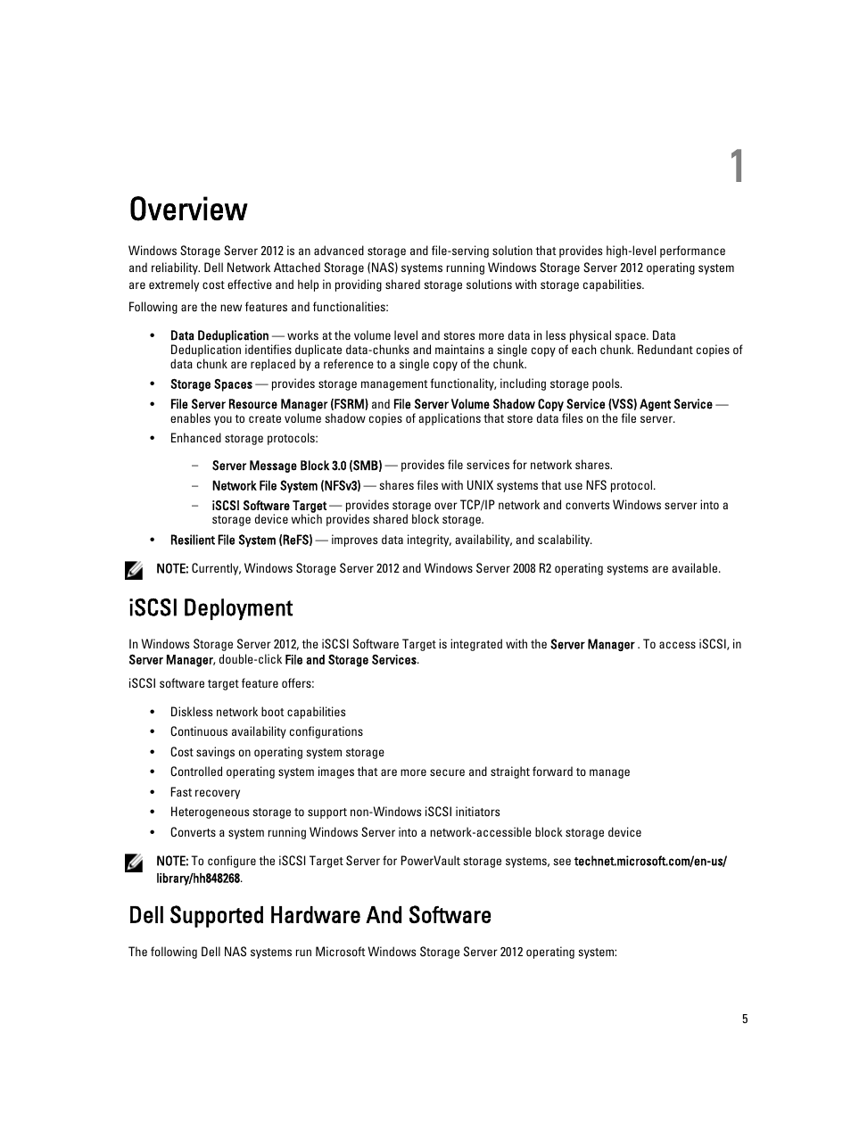 Overview, Iscsi deployment, Dell supported hardware and software | 1 overview | Dell PowerVault NX3200 User Manual | Page 5 / 34
