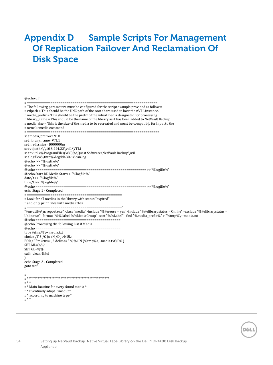 Appendix d, Windows platform script | Dell PowerVault DR2000v User Manual | Page 54 / 63