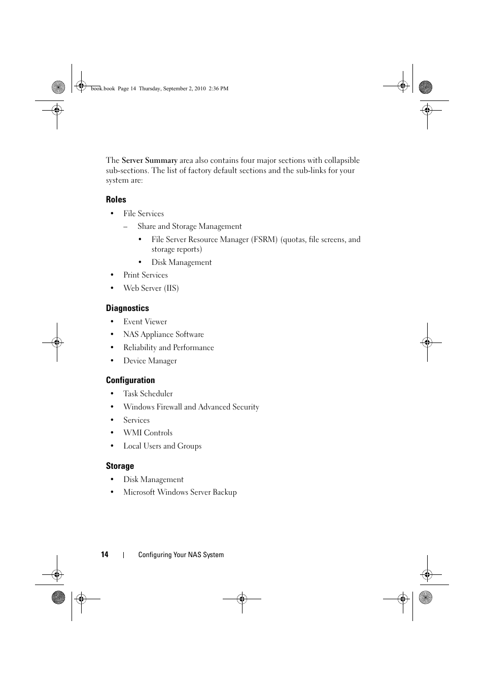 Roles, Diagnostics, Configuration | Storage | Dell PowerVault NX200 User Manual | Page 14 / 50
