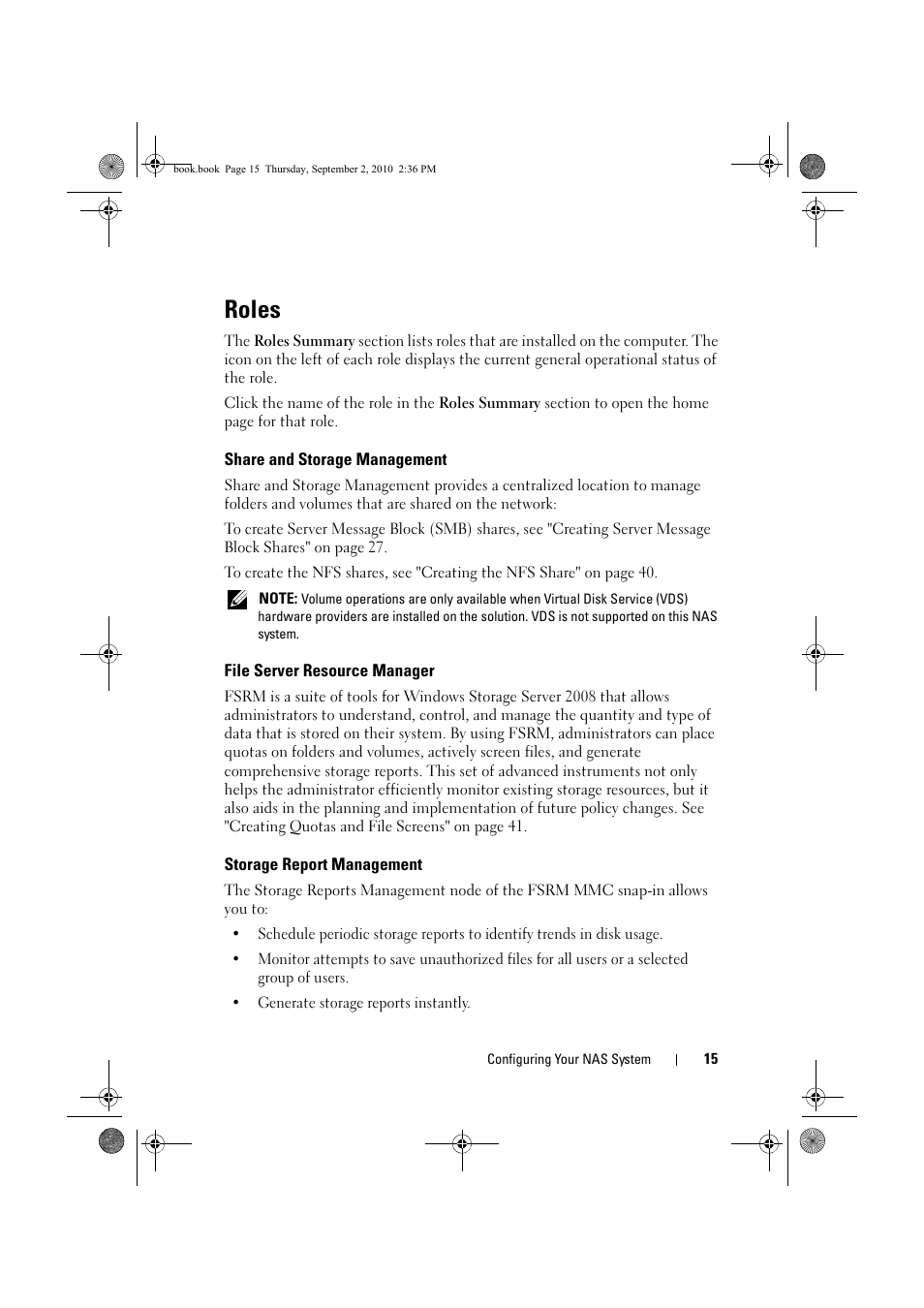 Roles, Share and storage management, File server resource manager | Storage report management | Dell PowerVault NX200 User Manual | Page 15 / 50