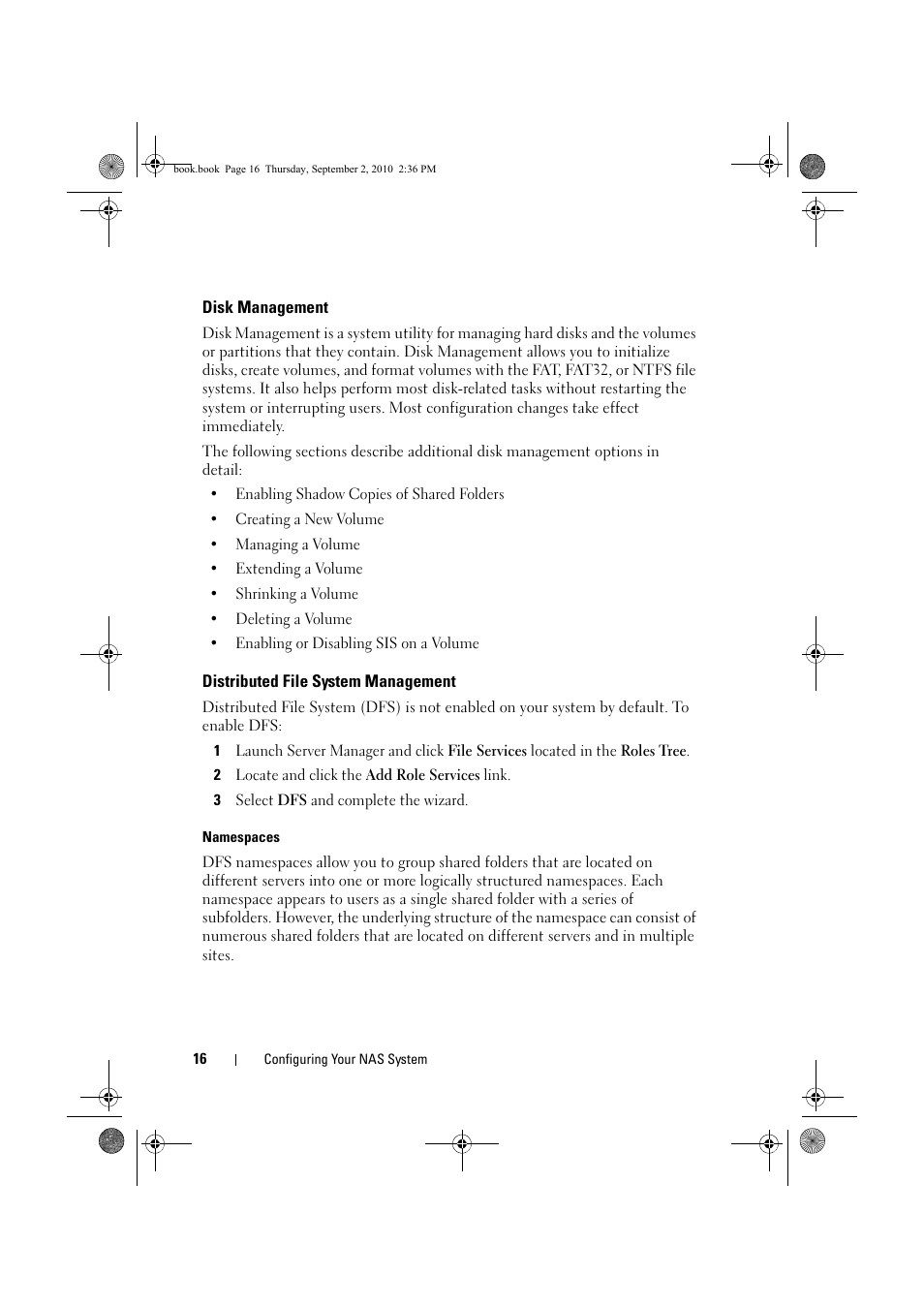 Disk management, Distributed file system management | Dell PowerVault NX200 User Manual | Page 16 / 50