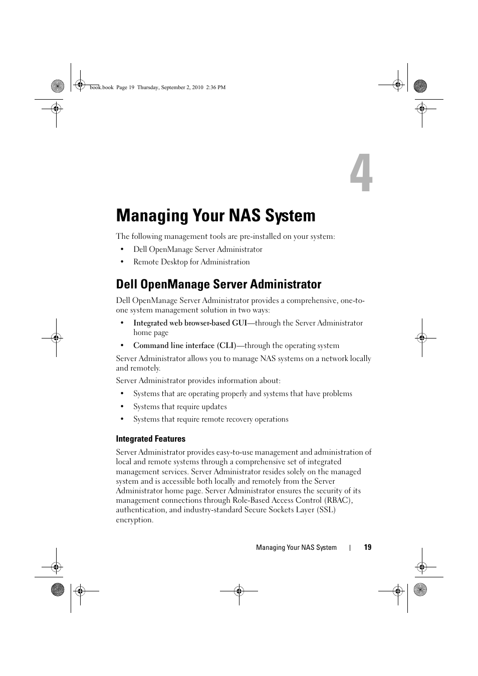 Managing your nas system, Dell openmanage server administrator, Integrated features | Dell PowerVault NX200 User Manual | Page 19 / 50