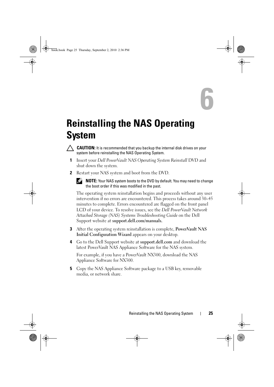 Reinstalling the nas operating system, Reinstalling the nas, Operating system | Dell PowerVault NX200 User Manual | Page 25 / 50