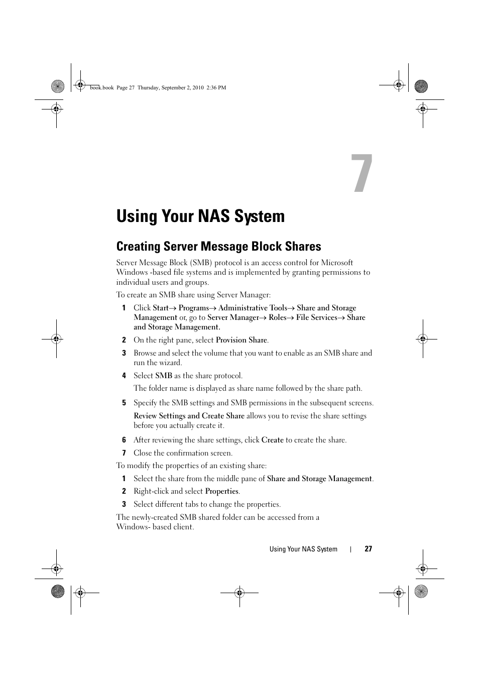 Using your nas system, Creating server message block shares, Creating server message | Dell PowerVault NX200 User Manual | Page 27 / 50