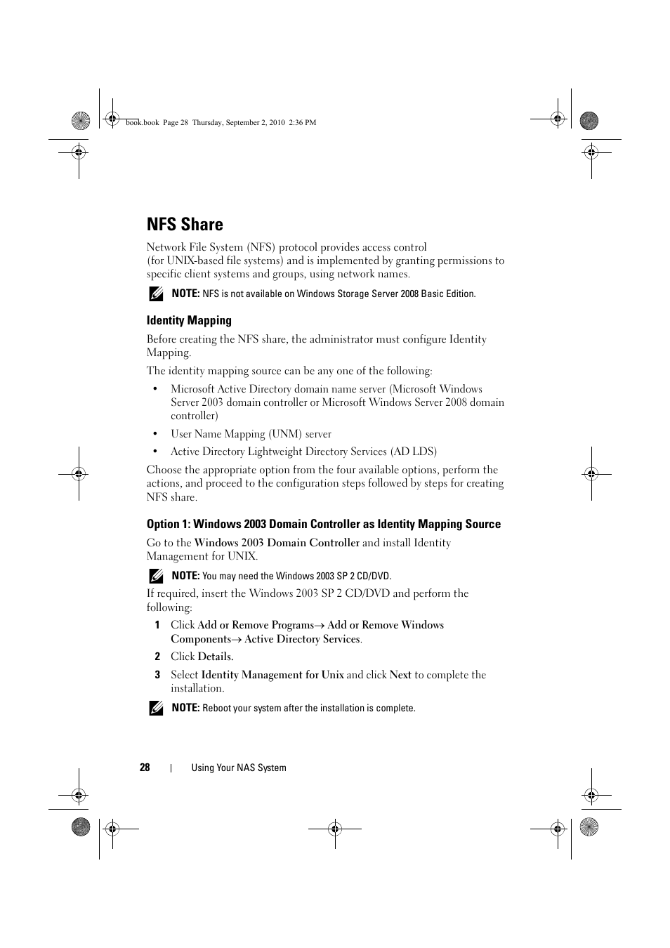 Nfs share, Identity mapping | Dell PowerVault NX200 User Manual | Page 28 / 50