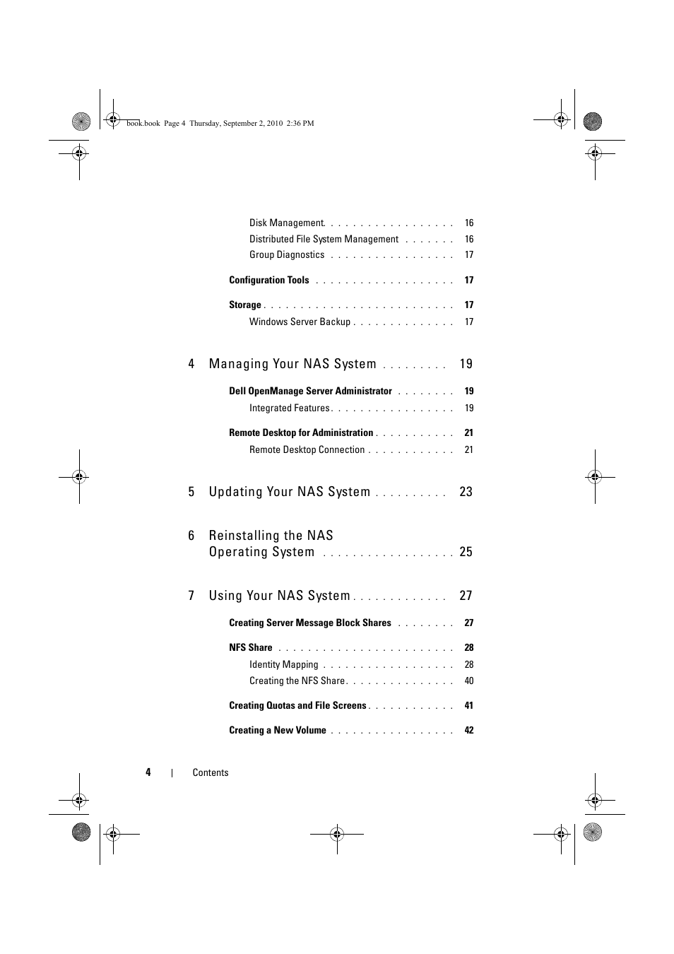4 managing your nas system, 5 updating your nas system, 23 6 reinstalling the nas operating system | 25 7 using your nas system | Dell PowerVault NX200 User Manual | Page 4 / 50