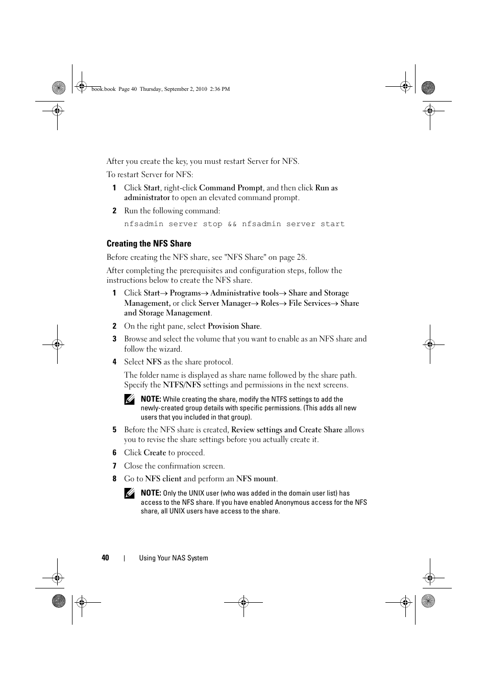Creating the nfs share | Dell PowerVault NX200 User Manual | Page 40 / 50