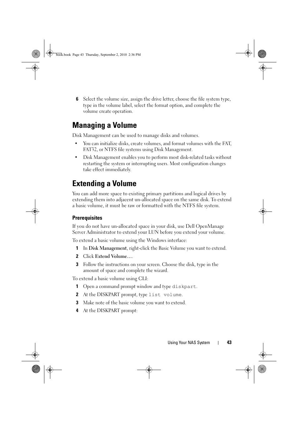 Managing a volume, Extending a volume, Prerequisites | Dell PowerVault NX200 User Manual | Page 43 / 50