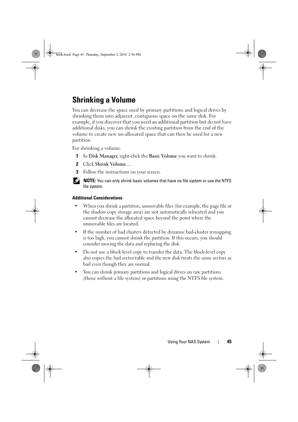 Shrinking a volume | Dell PowerVault NX200 User Manual | Page 45 / 50