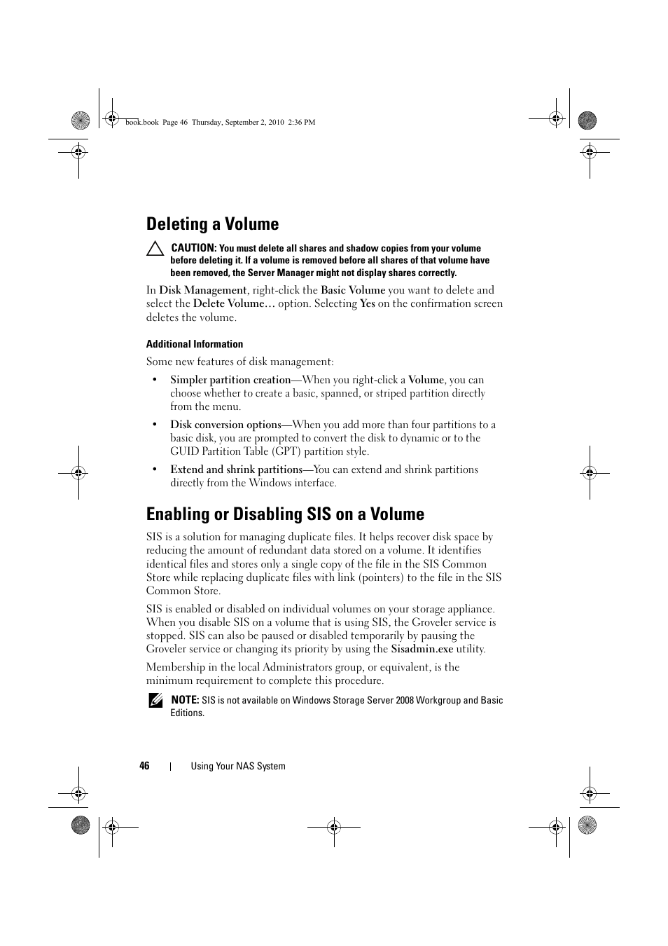 Deleting a volume, Enabling or disabling sis on a volume | Dell PowerVault NX200 User Manual | Page 46 / 50