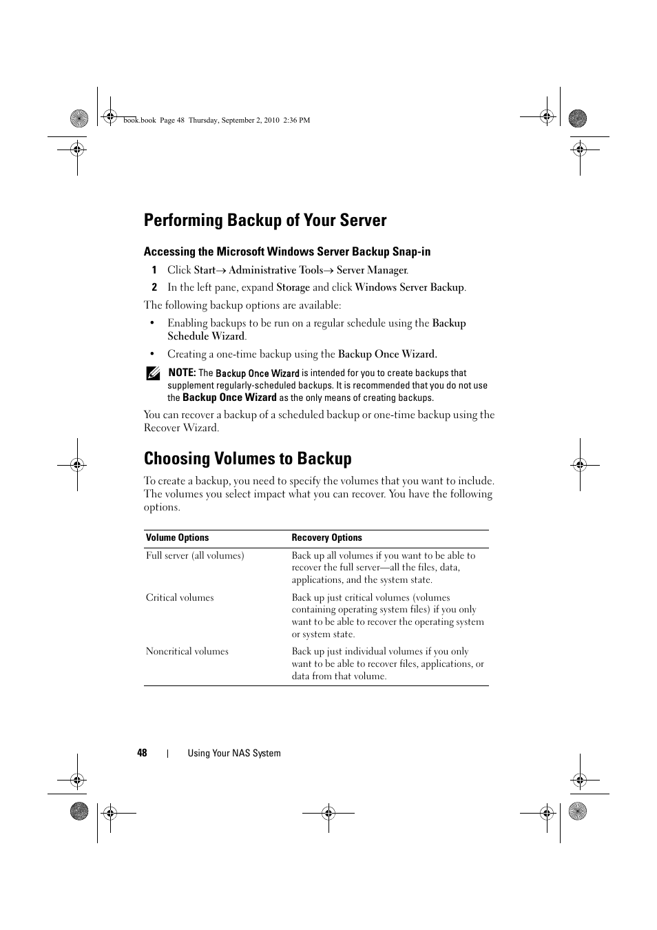 Performing backup of your server, Choosing volumes to backup, Accessing the microsoft windows | Server backup snap-in | Dell PowerVault NX200 User Manual | Page 48 / 50