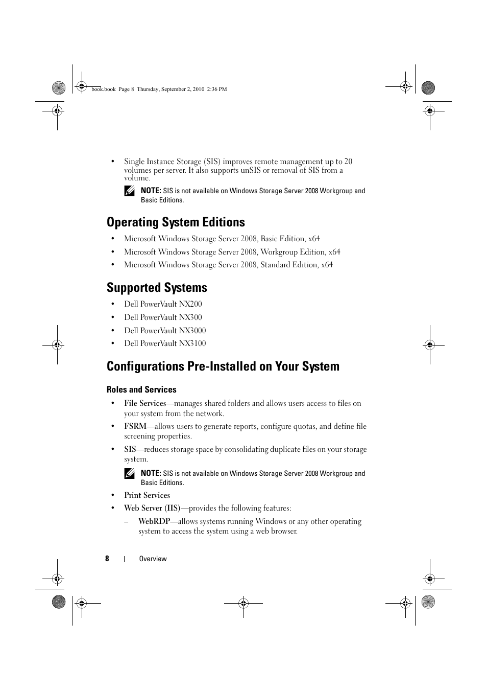 Operating system editions, Supported systems, Configurations pre-installed on your system | Roles and services | Dell PowerVault NX200 User Manual | Page 8 / 50