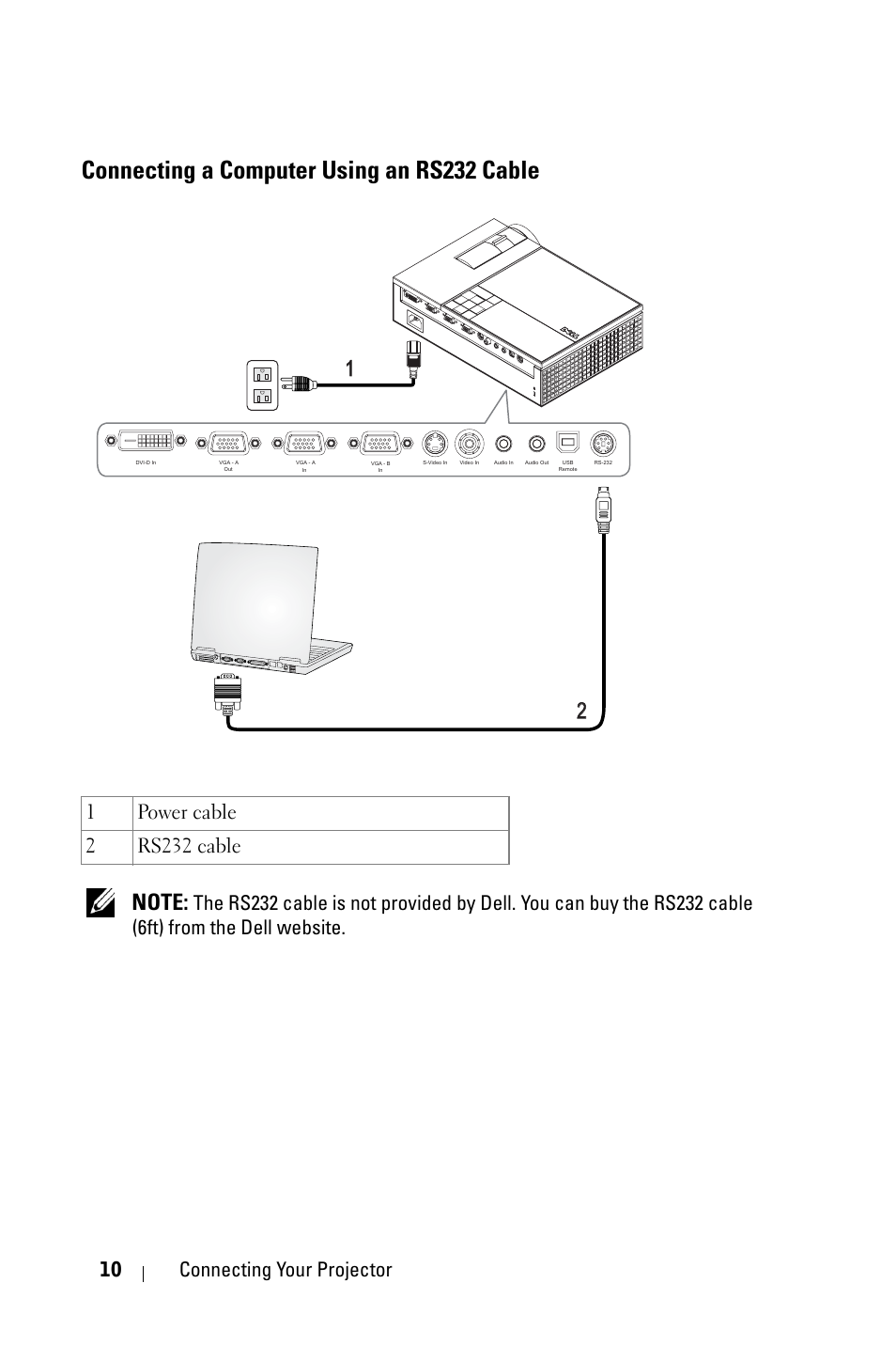 Connecting a computer using an rs232 cable, 10 connecting your projector | Dell 1609WX Projector User Manual | Page 10 / 53