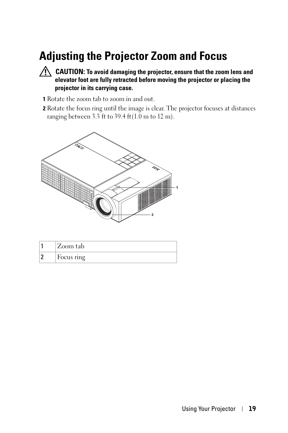 Adjusting the projector zoom and focus | Dell 1609WX Projector User Manual | Page 19 / 53