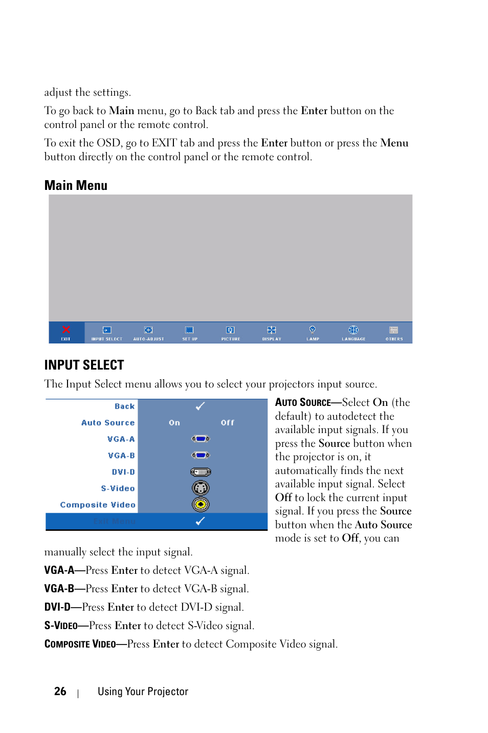 Main menu, Input select, Main menu input select | Dell 1609WX Projector User Manual | Page 26 / 53