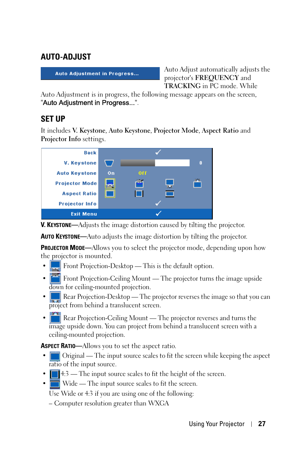 Auto-adjust, Set up | Dell 1609WX Projector User Manual | Page 27 / 53