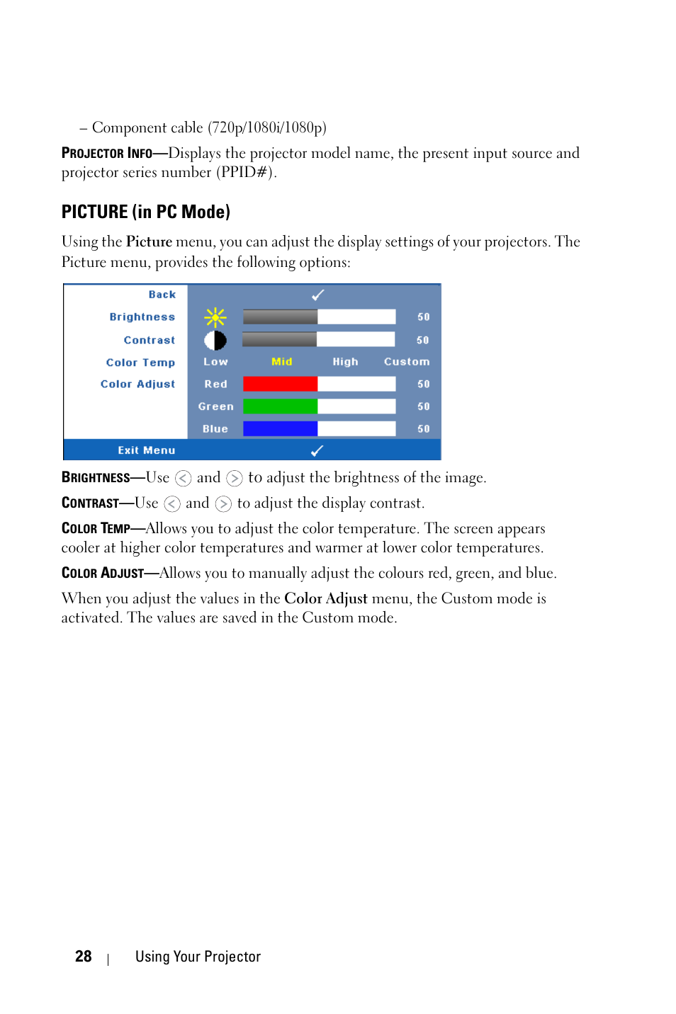 Picture (in pc mode) | Dell 1609WX Projector User Manual | Page 28 / 53