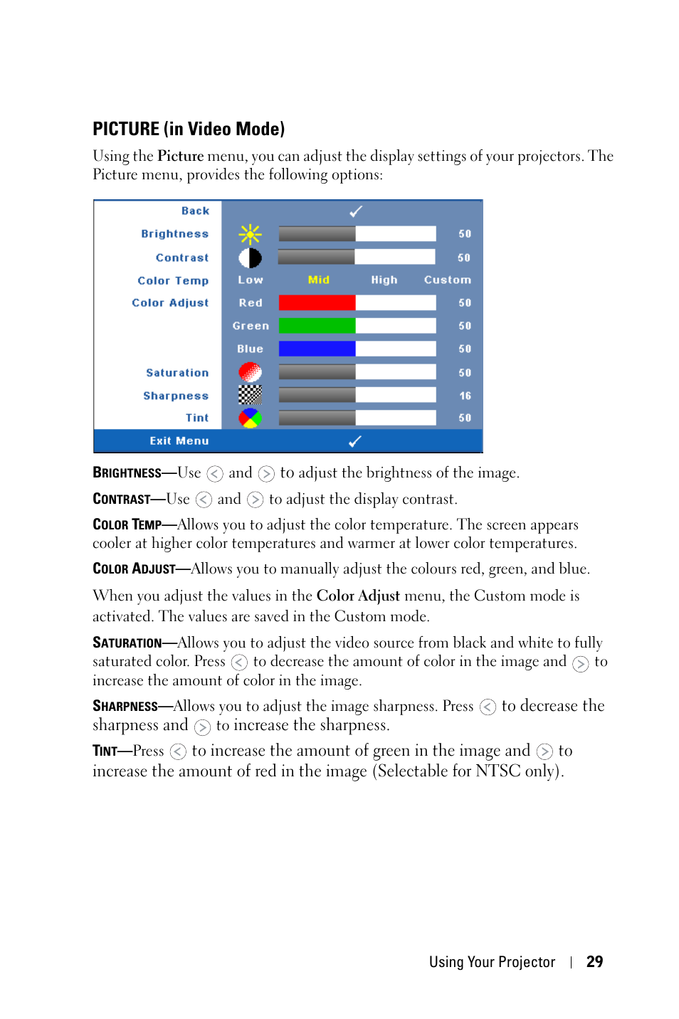 Picture (in video mode) | Dell 1609WX Projector User Manual | Page 29 / 53