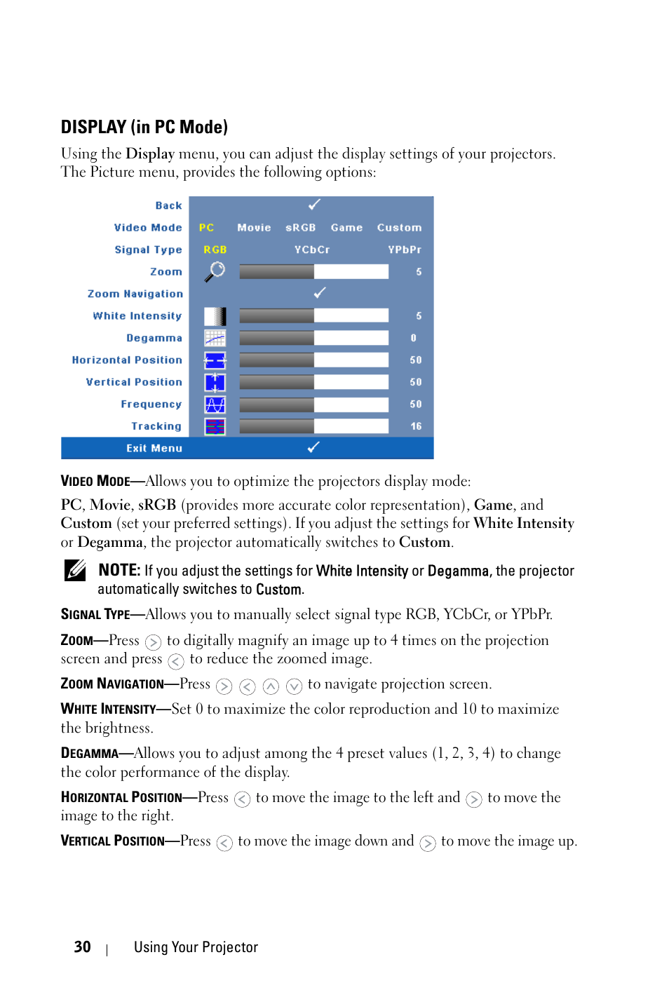 Display (in pc mode) | Dell 1609WX Projector User Manual | Page 30 / 53