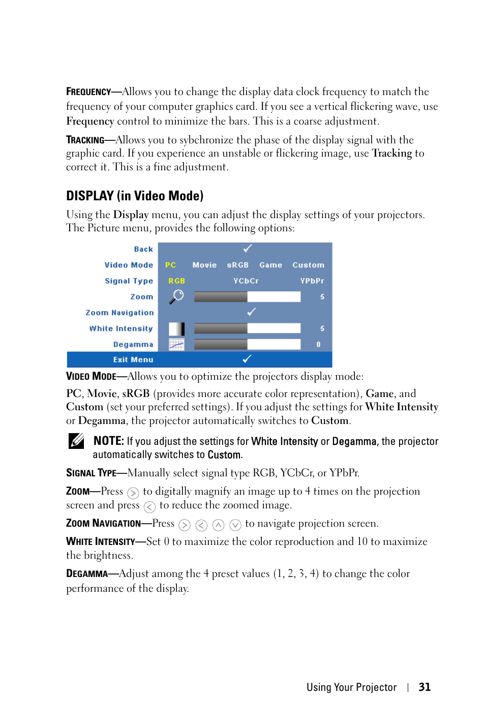 Display (in video mode) | Dell 1609WX Projector User Manual | Page 31 / 53