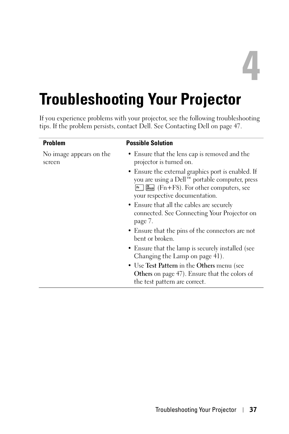 Troubleshooting your projector | Dell 1609WX Projector User Manual | Page 37 / 53